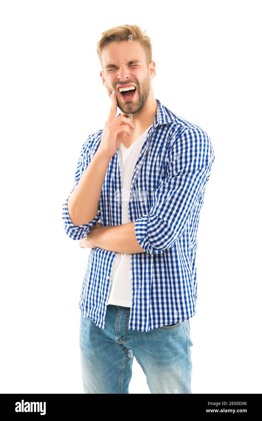 checkered shirt feel pain. guy 