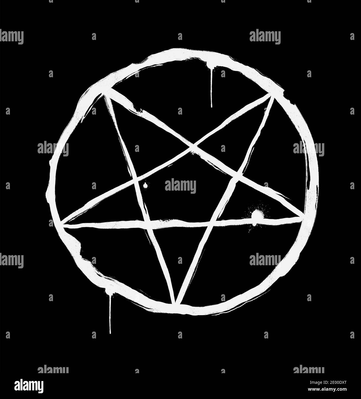 Inverted pentagram in the circle as symbol of satanism and satanist sect. Rugged, gritty and rough hand-drawn illustration on dark black plain backgro Stock Photo