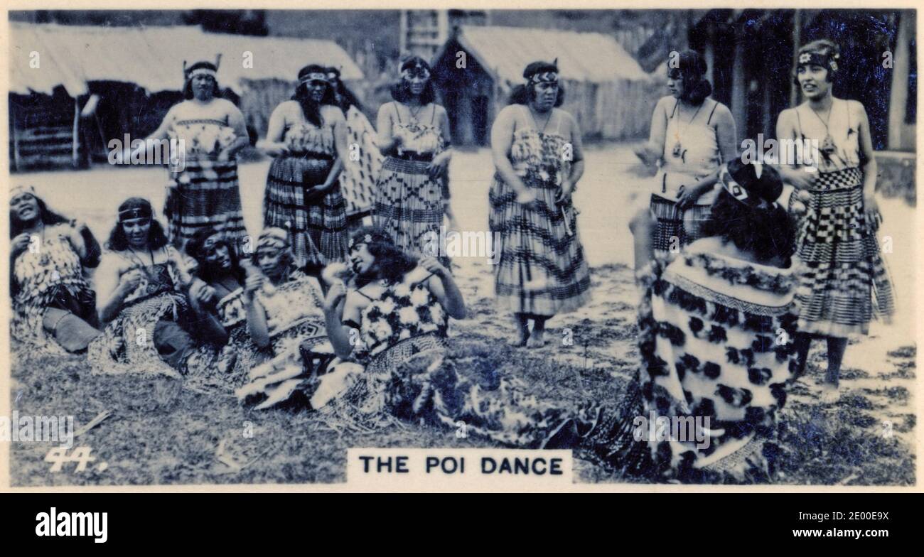 Maori performing a poi dance, probably for tourists in the 1860s, from a cigarette card on New Zealand history, circa 1930 Stock Photo