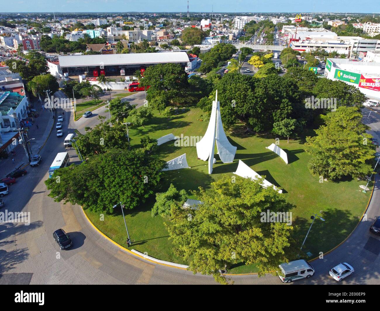 Cancun town square and Mexican History Monument aerial view on Avenida