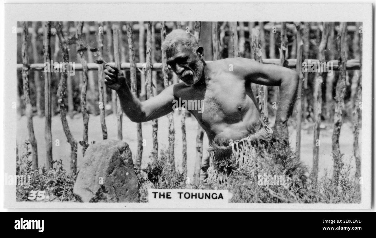 illustration of a a Maori tohunga or trival expert, from a cigarette card on New Zealand history, circa 1930 Stock Photo