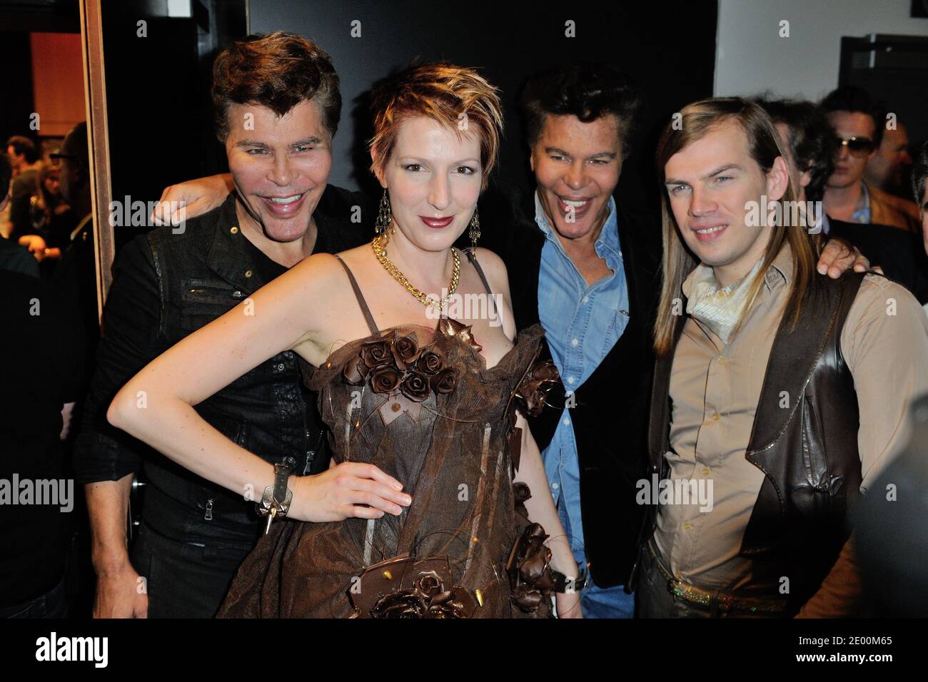 Exclusive - Natacha Polony Igor, Grichka Bogdanoff and Christophe Guillarme posing backstage during the 19th Salon Du Chocolat opening in Paris, France on October 29, 2013. Photo by Alban Wyters/ABACAPRESS.COM Stock Photo