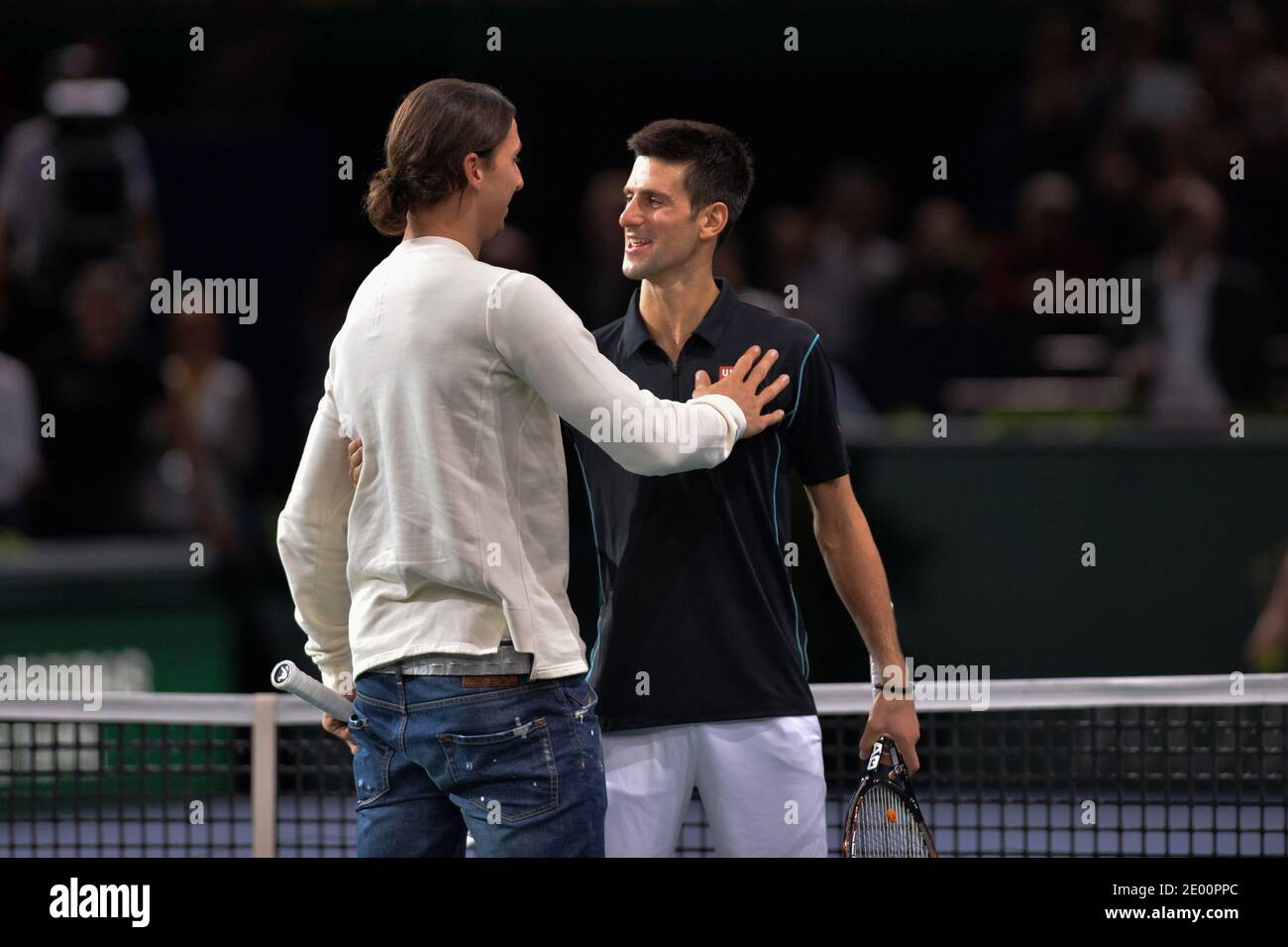 Serbia Novak Djokovic and Sweden Zlatan Ibrahimovic playing at the BNP  Paribas Masters Series Tennis Open 2013, at the Palais Omnisports of Paris- Bercy, in Paris, on November 2, 2013. Photo by Christophe