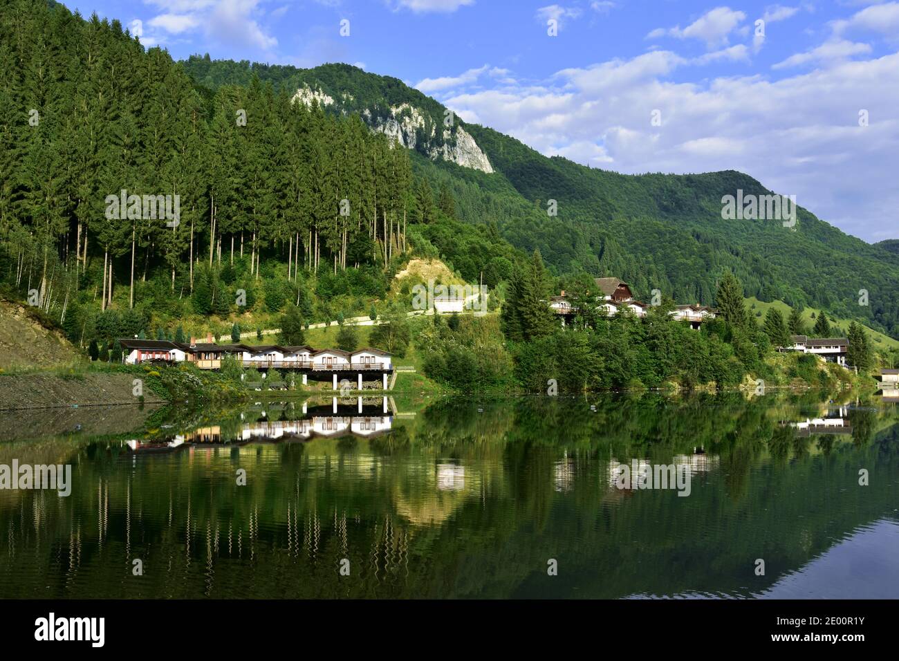 Landscape of mountains and green trees forest mirrored in the lake. Panorama reflection in the water. Stock Photo