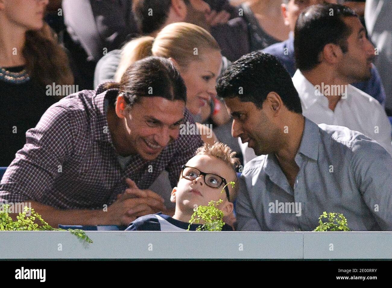 Zlatan Ibrahimovic, his wife Helena, his children Vincent and Maximilian  and Nasser Al-Khelaifi attend the final match at the BNP Paribas Masters  Series Tennis Open 2013, at the Palais Omnisports of Paris-Bercy,