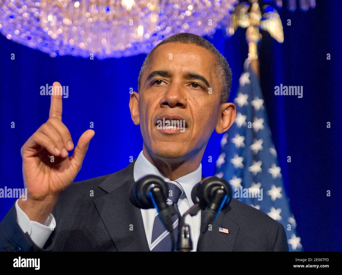 United States President Barack Obama delivers remarks at an Organizing for Action 'Obamacare Summit' at the St. Regis Hotel in Washington, DC, USA, on Monday, November 4, 2013. Photo by Ron Sachs/Pool/ABACAPRESS.COM Stock Photo