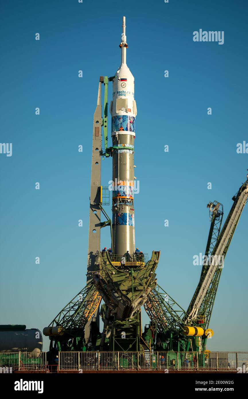 The Soyuz TMA-11M rocket, adorned with the logo of the Sochi Olympic Organizing Committee and other related artwork, is seen after being erected into position at the launch pad on Tuesday, on November 5, 2013, at the Baikonur Cosmodrome in Kazakhstan. Launch of the Soyuz rocket is scheduled for November 7 and will send Expedition 38 Soyuz Commander Mikhail Tyurin of Roscosmos, Flight Engineer Rick Mastracchio of NASA and Flight Engineer Koichi Wakata of the Japan Aerospace Exploration Agency on a six-month mission aboard the International Space Station. Handout Photo by Bill Ingalls/NASA/CNP/A Stock Photo