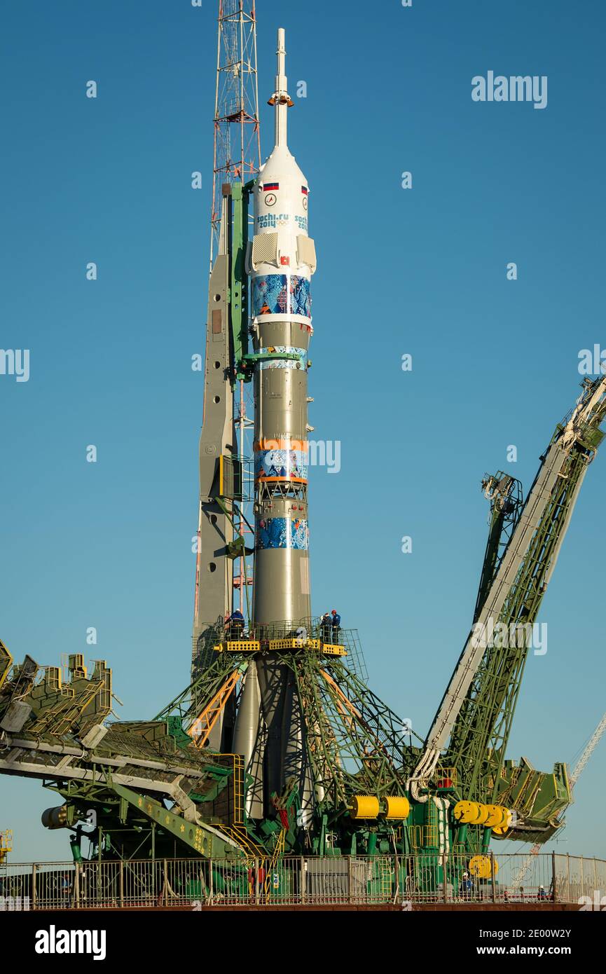 The Soyuz TMA-11M rocket, adorned with the logo of the Sochi Olympic Organizing Committee and other related artwork, is seen after being erected into position at the launch pad on Tuesday, on November 5, 2013, at the Baikonur Cosmodrome in Kazakhstan. Launch of the Soyuz rocket is scheduled for November 7 and will send Expedition 38 Soyuz Commander Mikhail Tyurin of Roscosmos, Flight Engineer Rick Mastracchio of NASA and Flight Engineer Koichi Wakata of the Japan Aerospace Exploration Agency on a six-month mission aboard the International Space Station. Handout Photo by Bill Ingalls/NASA/CNP/A Stock Photo