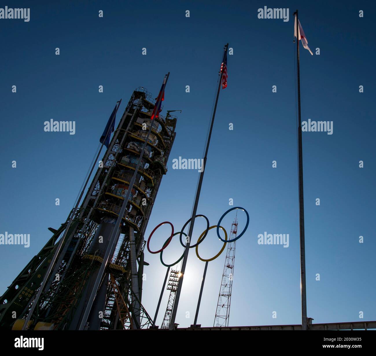 Olympic rings are seen at the Soyuz launch pad shortly after the Soyuz TMA-11M rocket was erected into position on Tuesday, on November 5, 2013, at the Baikonur Cosmodrome in Kazakhstan. Launch of the Soyuz rocket is scheduled for November 7 and will send Expedition 38 Soyuz Commander Mikhail Tyurin of Roscosmos, Flight Engineer Rick Mastracchio of NASA and Flight Engineer Koichi Wakata of the Japan Aerospace Exploration Agency on a six-month mission aboard the International Space Station. Handout Photo by Bill Ingalls/NASA/CNP/ABACAPRESS.COM Stock Photo