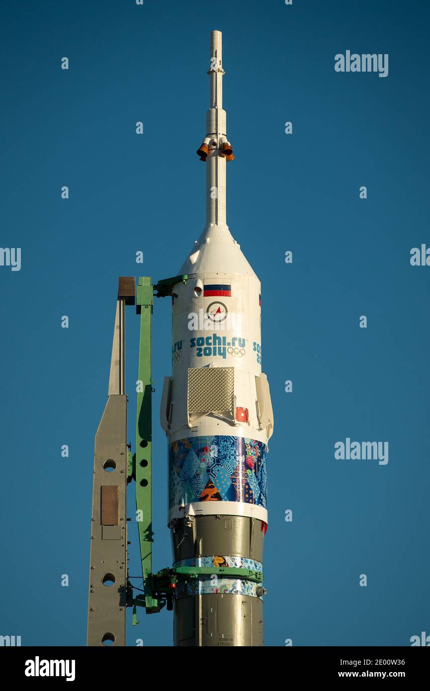 The Soyuz TMA-11M rocket, adorned with the logo of the Sochi Olympic Organizing Committee and other related artwork, is seen after being erected into position at the launch pad on Tuesday, on November 5, 2013, at the Baikonur Cosmodrome in Kazakhstan. Launch of the Soyuz rocket is scheduled for November 7 and will send Expedition 38 Soyuz Commander Mikhail Tyurin of Roscosmos, Flight Engineer Rick Mastracchio of NASA and Flight Engineer Koichi Wakata of the Japan Aerospace Exploration Agency on a six-month mission aboard the International Space Station. Handout Photo by Bill Ingalls/NASA/CNP/A Stock Photo