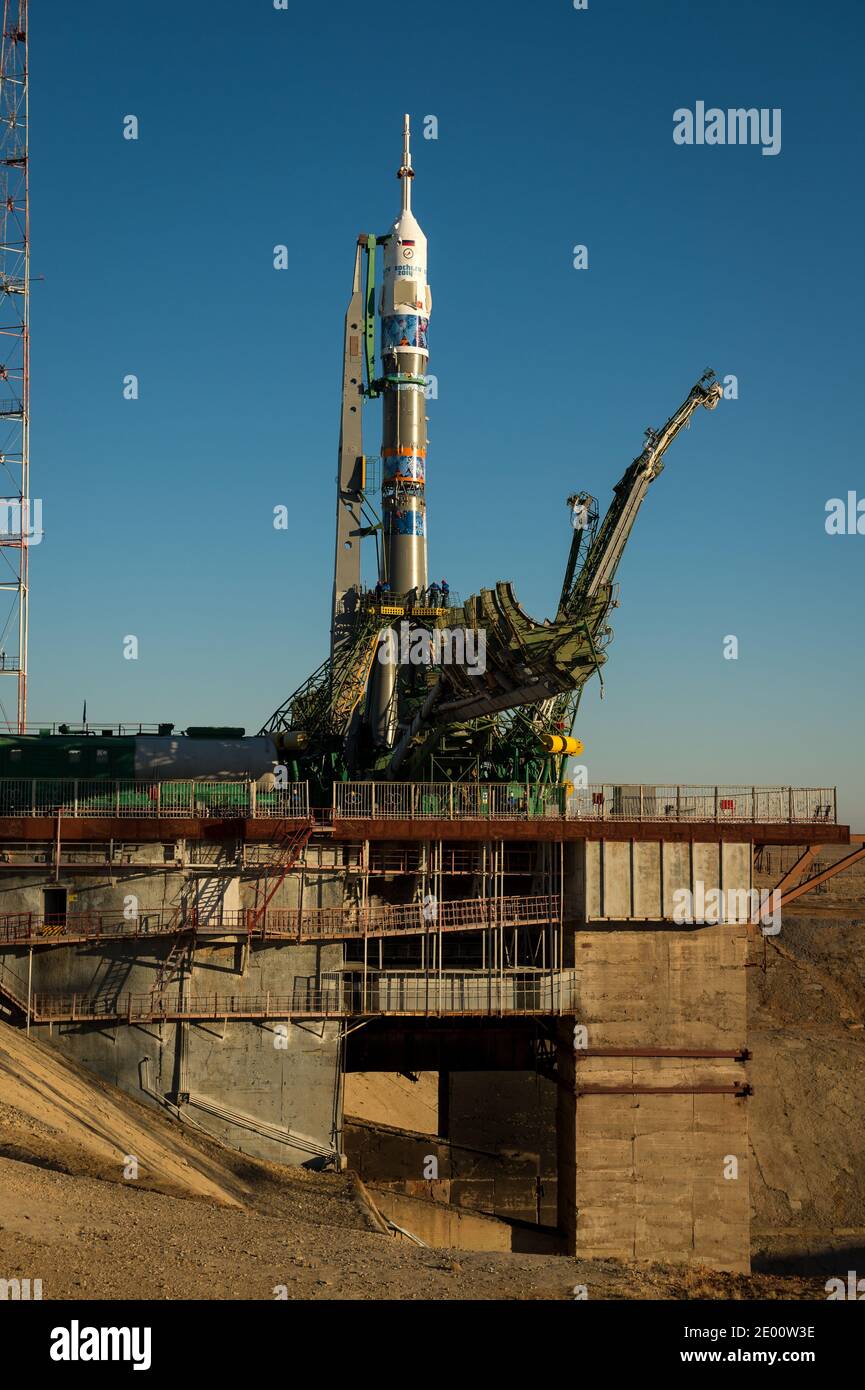The Soyuz TMA-11M rocket, adorned with the logo of the Sochi Olympic Organizing Committee and other related artwork, is seen after being erected into position at the launch pad on Tuesday, on November 5, 2013, at the Baikonur Cosmodrome in Kazakhstan. Launch of the Soyuz rocket is scheduled for November 7 and will send Expedition 38 Soyuz Commander Mikhail Tyurin of Roscosmos, Flight Engineer Rick Mastracchio of NASA and Flight Engineer Koichi Wakata of the Japan Aerospace Exploration Agency on a six-month mission aboard the International Space Station. Handout Photo by Bill Ingalls/NASA/CNP/A Stock Photo