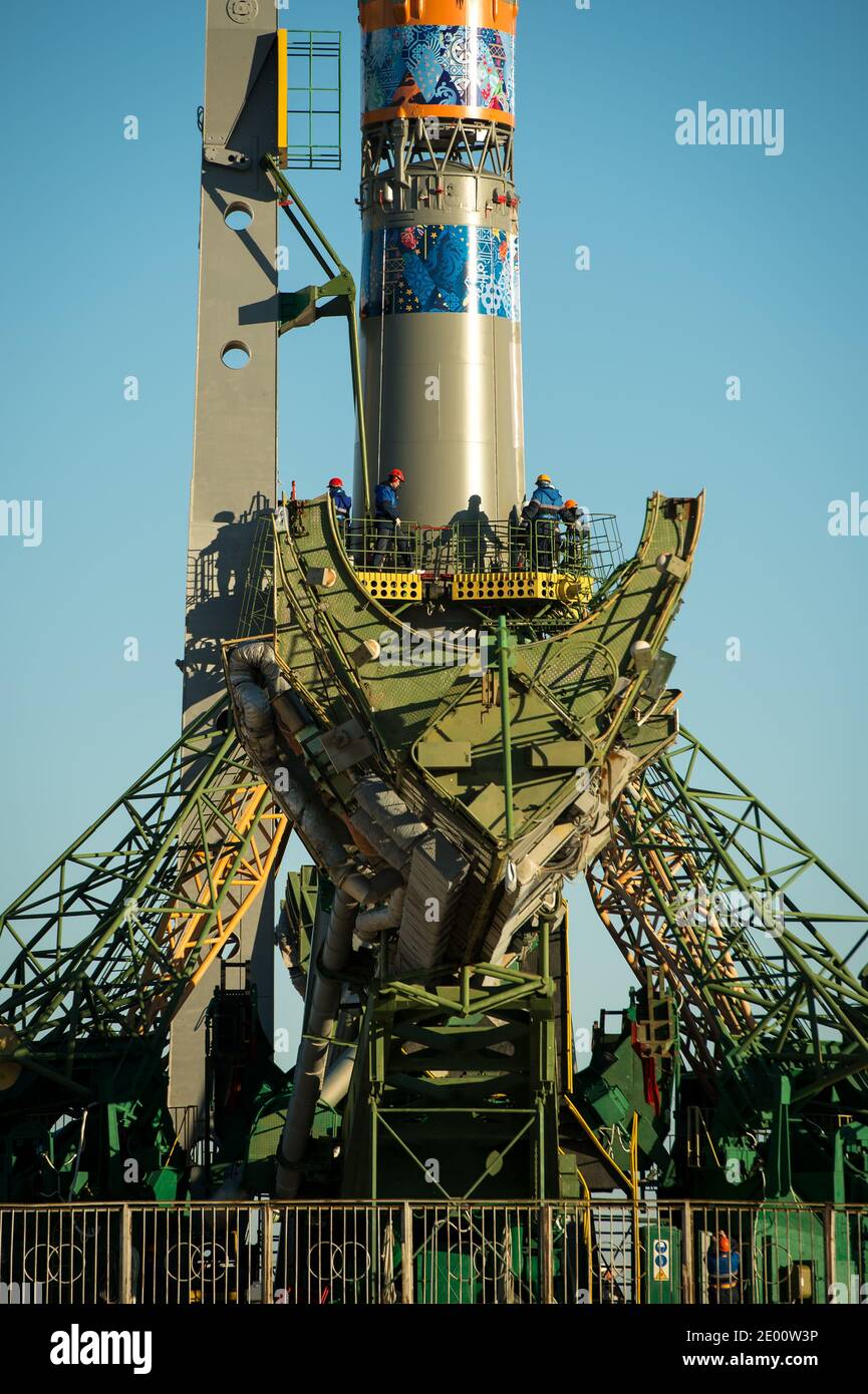 The Soyuz TMA-11M rocket, adorned with the logo of the Sochi Olympic Organizing Committee and other related artwork, is seen after being erected into position at the launch pad on Tuesday, on November 5, 2013, at the Baikonur Cosmodrome in Kazakhstan. Launch of the Soyuz rocket is scheduled for November 7 and will send Expedition 38 Soyuz Commander Mikhail Tyurin of Roscosmos, Flight Engineer Rick Mastracchio of NASA and Flight Engineer Koichi Wakata of the Japan Aerospace Exploration Agency on a six-month mission aboard the International Space Station. Handout Photo by Bill Ingalls/NASA/CNP/A Stock Photo