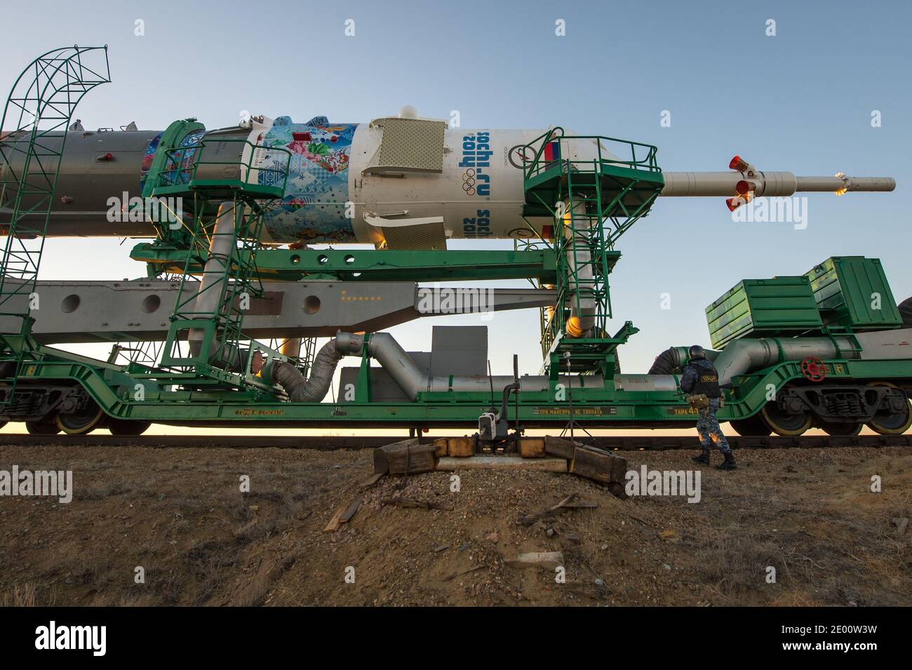 The Soyuz TMA-11M rocket, adorned with the logo of the Sochi Olympic Organizing Committee and other related artwork, is rolled out to the launch pad by train on Tuesday, on November 5, 2013, at the Baikonur Cosmodrome in Kazakhstan. Launch of the Soyuz rocket is scheduled for November 7 and will send Expedition 38 Soyuz Commander Mikhail Tyurin of Roscosmos, Flight Engineer Rick Mastracchio of NASA and Flight Engineer Koichi Wakata of the Japan Aerospace Exploration Agency on a six-month mission aboard the International Space Station. Handout Photo by Bill Ingalls/NASA/CNP/ABACAPRESS.COM Stock Photo