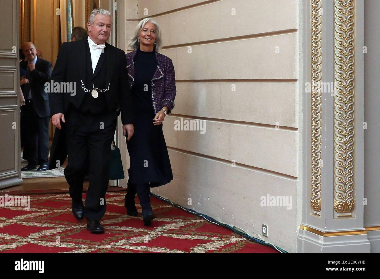 International Monetary Fund (IMF) Managing Director Christine Lagarde arrives for a family photo following a meeting hosted by Hollande with heads of international financial institutions at the Elysee Palace in Paris, France on November 8, 2013. Hollande was set to defend his economic policies after the Standard & Poor's agency lowered France's rating to AA. Photo by Stephane Lemouton/ABACAPRESS.COM Stock Photo
