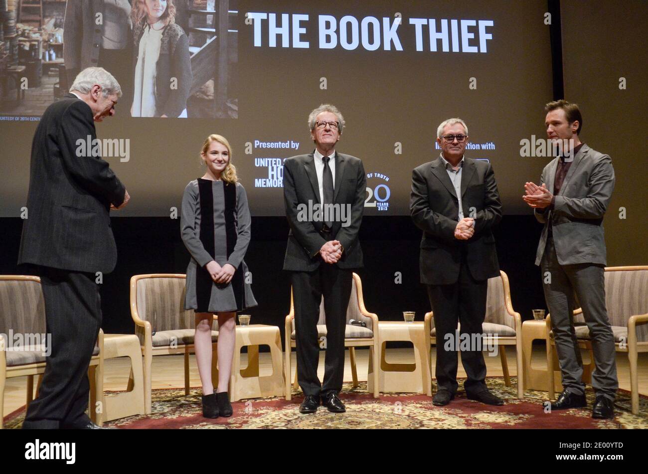 Geoffery Rush, Sophie Nelisse, Brian Percival, and Markus Zusak speak during the premiere of 'The Book Thief,' at the United States Holocaust Memorial Museum in Washington, DC, USA on November 07, 2013. Photo by Kris Connor/ABACAPRESS.COM Stock Photo