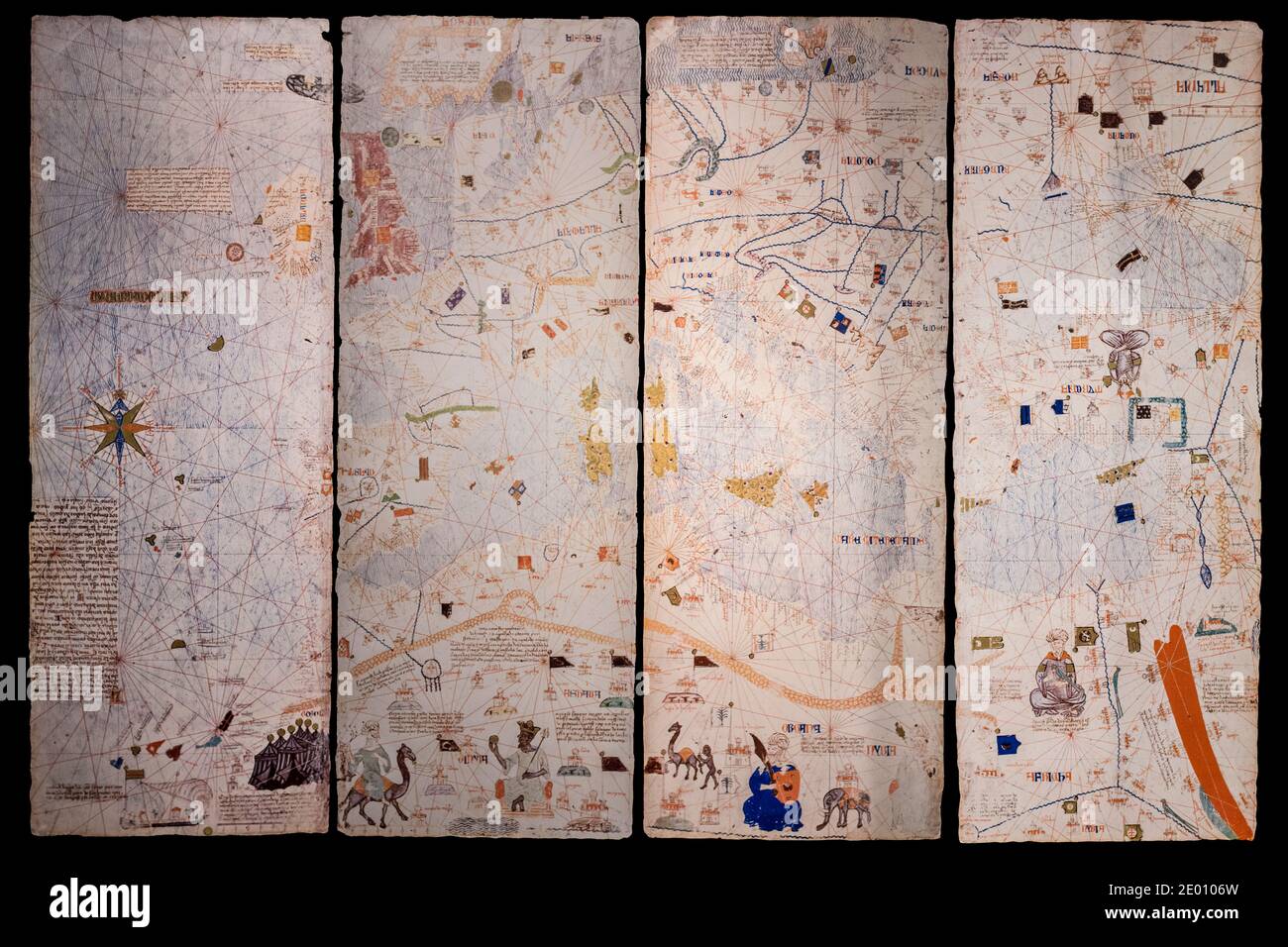 Catalan Atlas, Medieval world map created in 1375. Reproduction at House Museum of Columbus, Valladolid, Spain Stock Photo