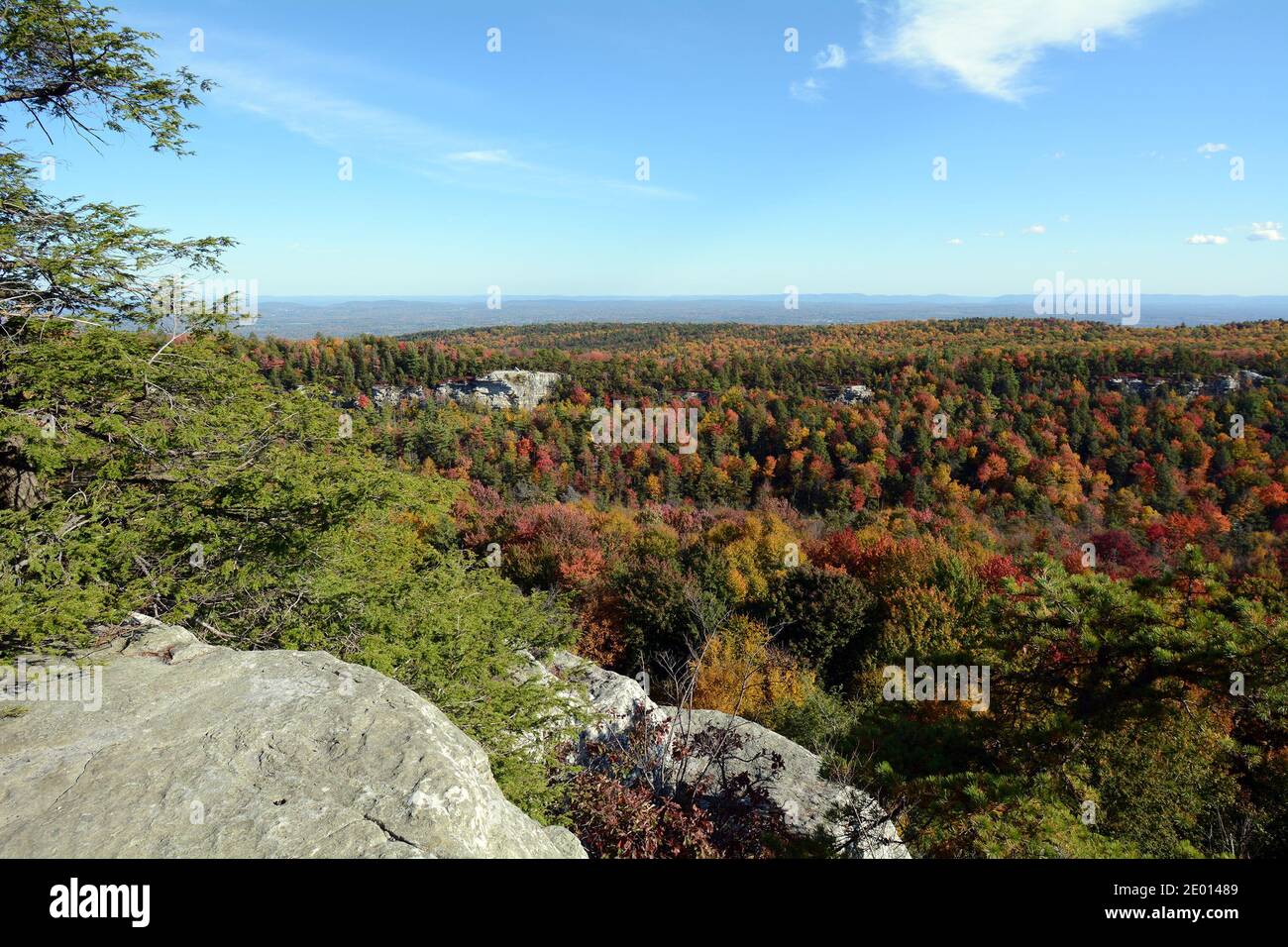 Fall Foliage from a Scenic Viewpoint off the Castle Point Carriage Path in the Shawangunk Mountains of Lake Minnewaska State Park Preserve, New York Stock Photo