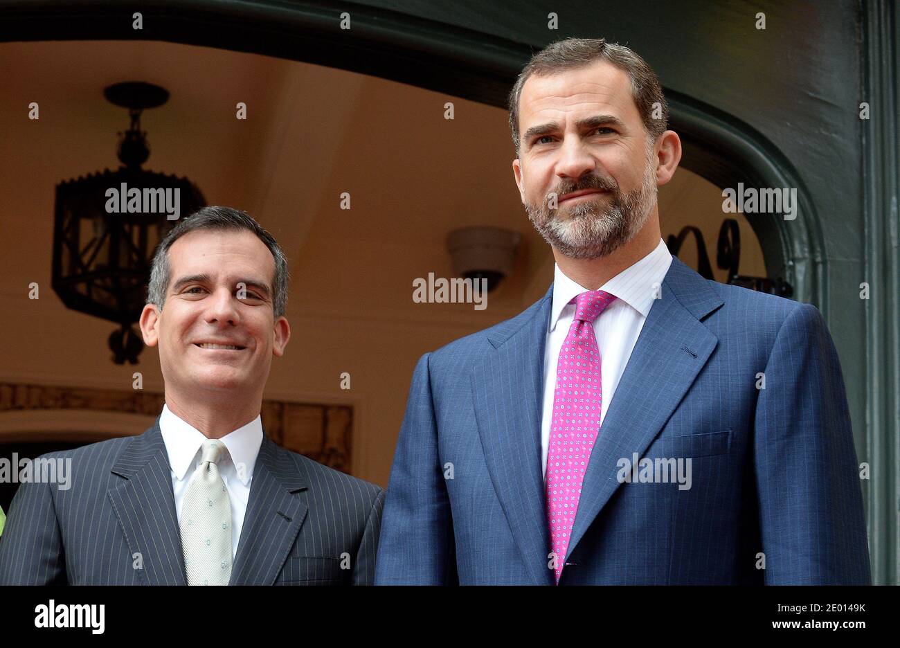 Felipe, the Prince of Asturias is welcome by the Los Angeles Mayor Eric Garcetti for a breakfast at the Getty House in Los Angeles, CA, USA on November 15, 2013. Photo by Lionel Hahn/ABACAPRESS.COM Stock Photo