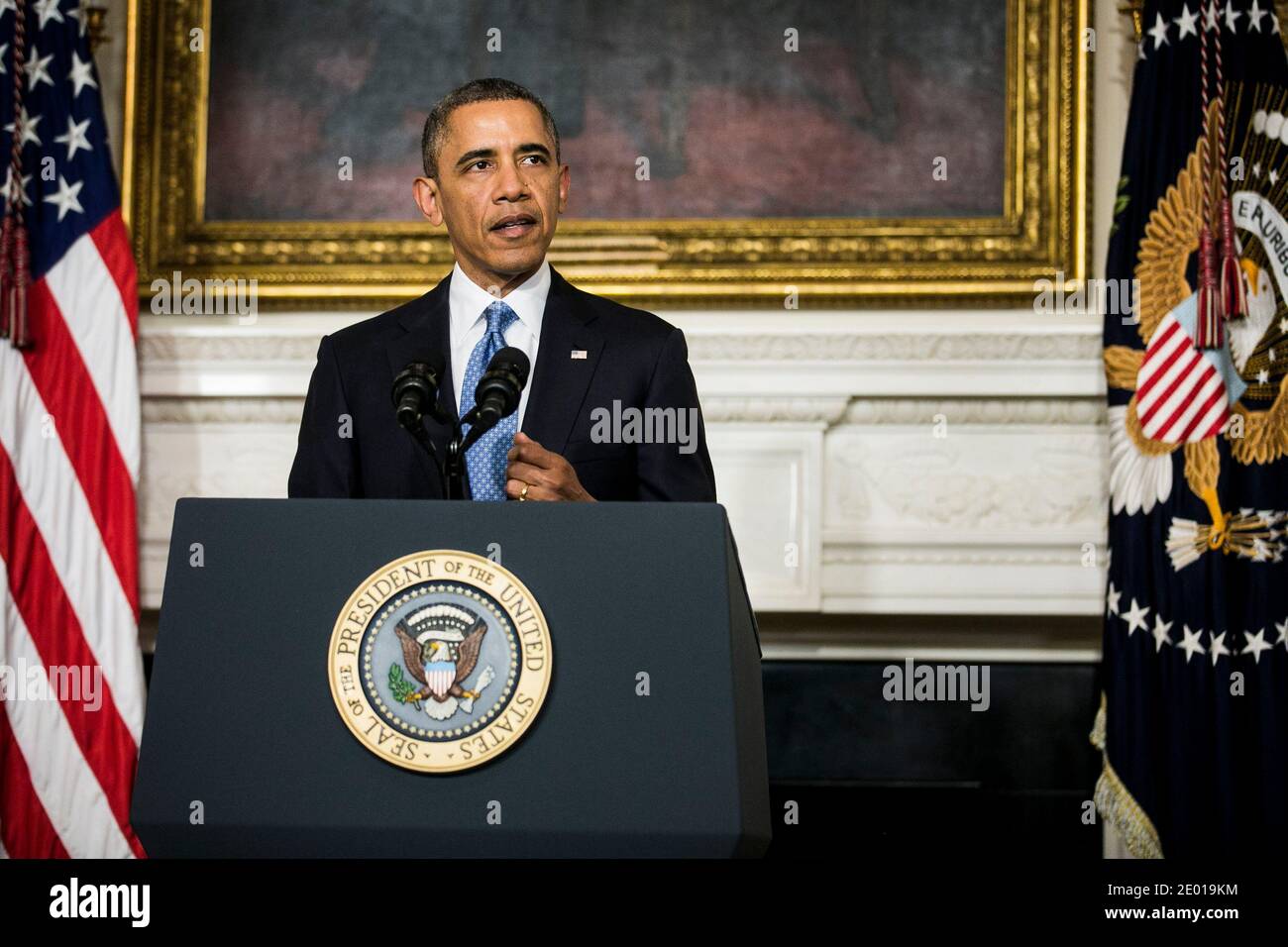 President Barack Obama makes a statement announcing an interim agreement on Iranian nuclear power that was reached in negotiations between Iran and six world powers, from the State Dining Room at the White House on Nov. 23, 2013 in Washington, DC, USA. A major sticking point in the negotiations has been Iran's insistence on it's right to enrich uranium. Photo by T.J. Kirkpatrick/Pool/ABACAPRESS.COM Stock Photo