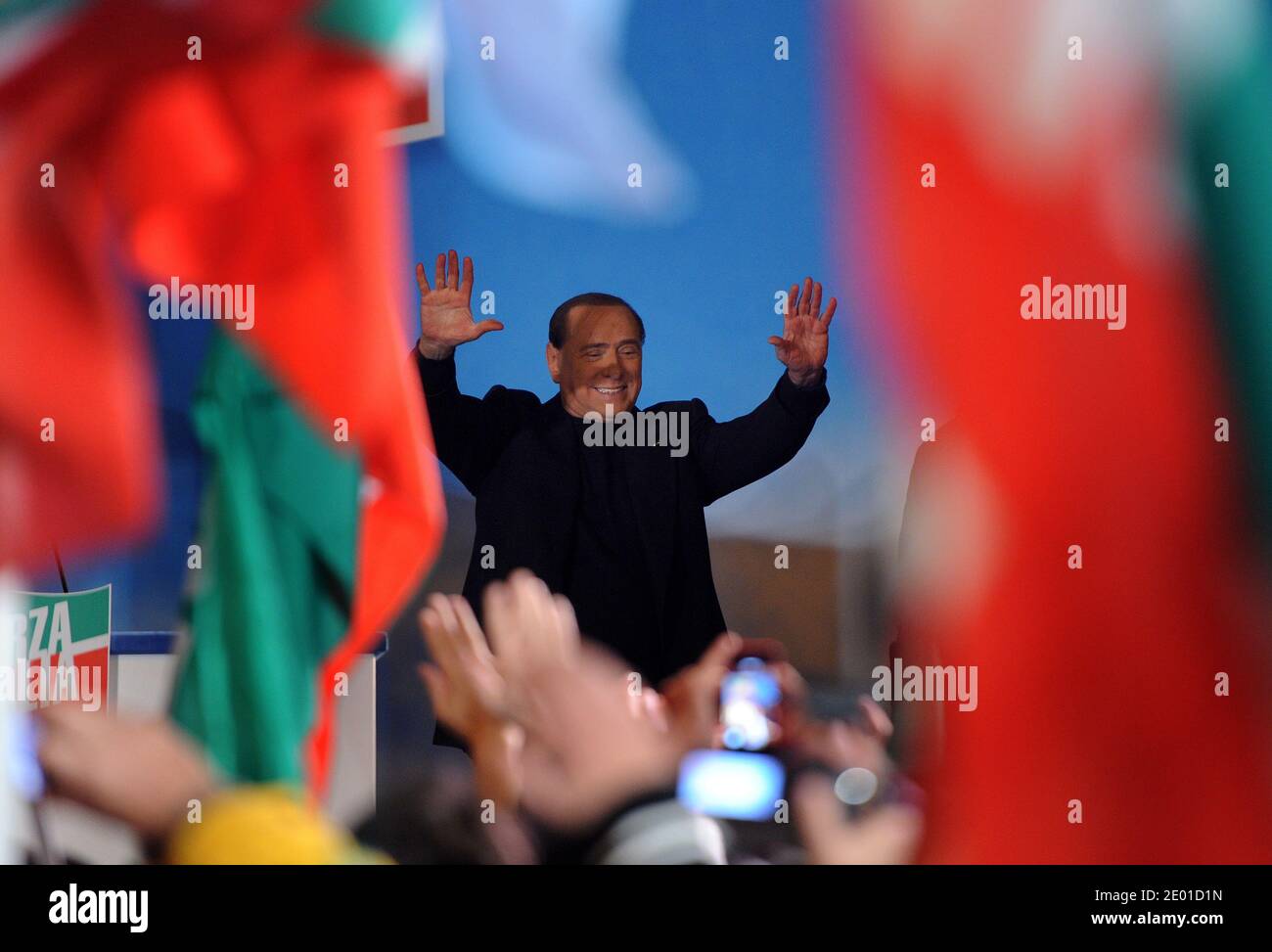 Italy's former Prime Minister Silvio Berlusconi delivers a speech to supporters outside his private residence, the Palazzo Grazioli, on November 27, 2013 in Rome, Italy just after the Italian Senate voted to expel him from parliament after his conviction for tax fraud. Photo by Eric Vandeville/ABACAPRESS.COM Stock Photo