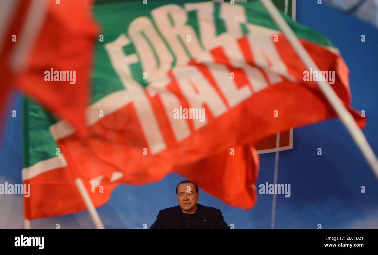 Italy's former Prime Minister Silvio Berlusconi delivers a speech to supporters outside his private residence, the Palazzo Grazioli, on November 27, 2013 in Rome, Italy just after the Italian Senate voted to expel him from parliament after his conviction for tax fraud. Photo by Eric Vandeville/ABACAPRESS.COM Stock Photo