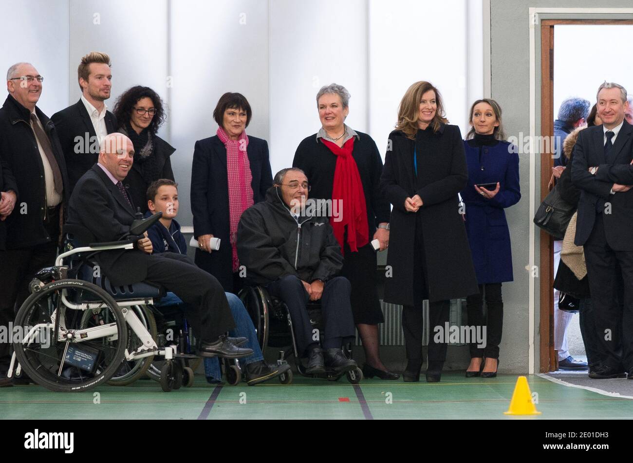 Valerie Trierweiler and Marie Arlette Carlotti meet four members amputed Theo Curin, his mother Stephanie, Philippe Croizon and Gerard Masson, at the C.R.E.P.S in Vichy, France, on November 27, 2013. Photo by Christophe Guibbaud/ABACAPRESS.COM Stock Photo