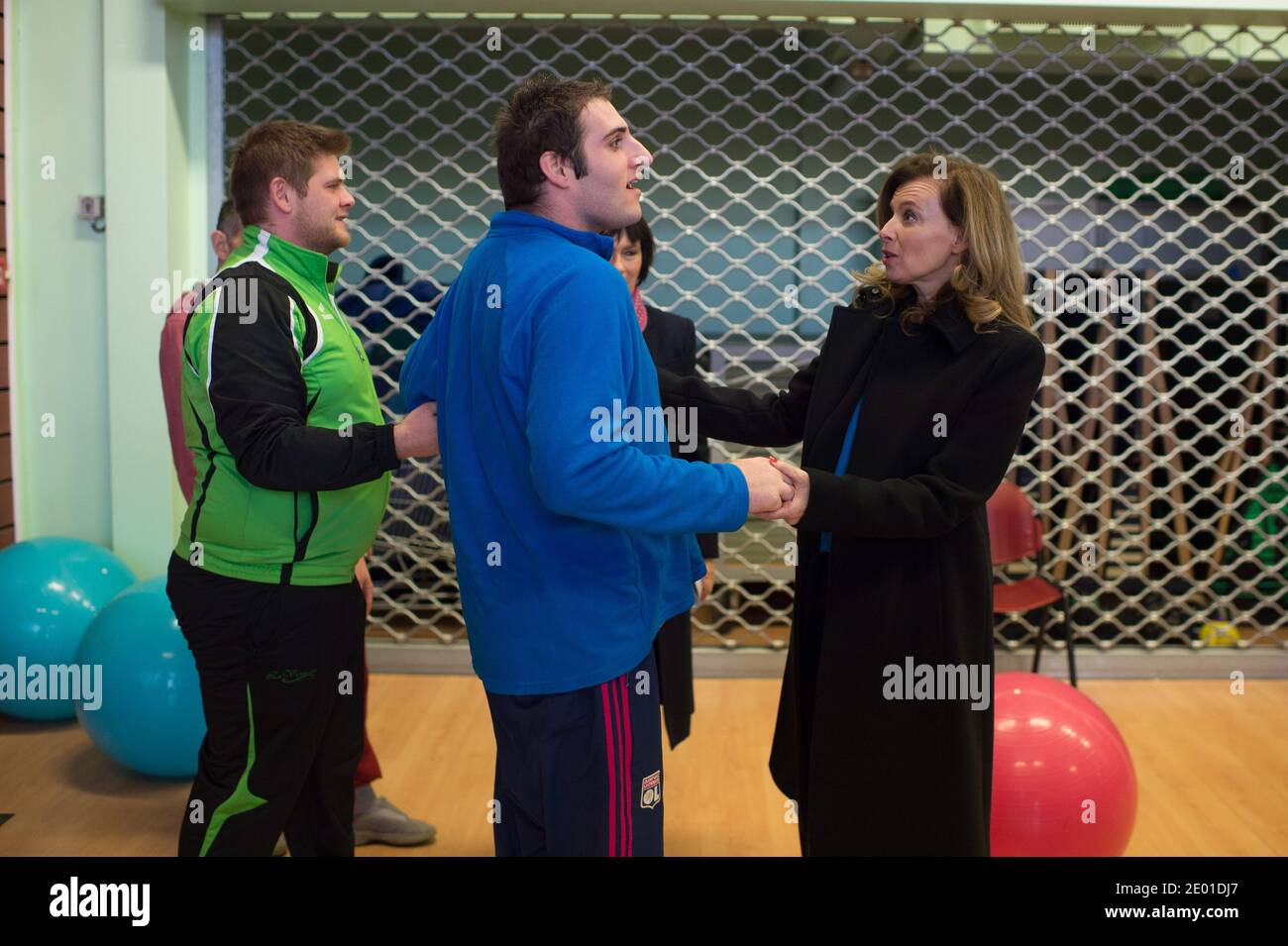 Valerie Trierweiler and Marie Arlette Carlotti meet four members amputed Theo Curin, his mother Stephanie, Philippe Croizon and Gerard Masson, at the C.R.E.P.S in Vichy, France, on November 27, 2013. Photo by Christophe Guibbaud/ABACAPRESS.COM Stock Photo