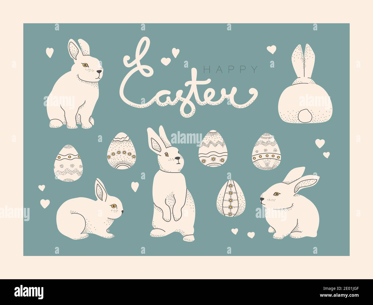 Set of Easter concept elements. Happy easter lettering, rabbit or bunny and easter decorative eggs. Vector flat illustrations for design, postcards Stock Vector