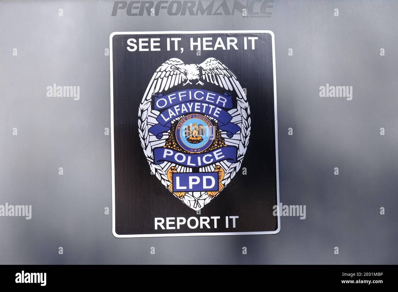 Lafayette Police department vinyl sticker on their surveillance trailer