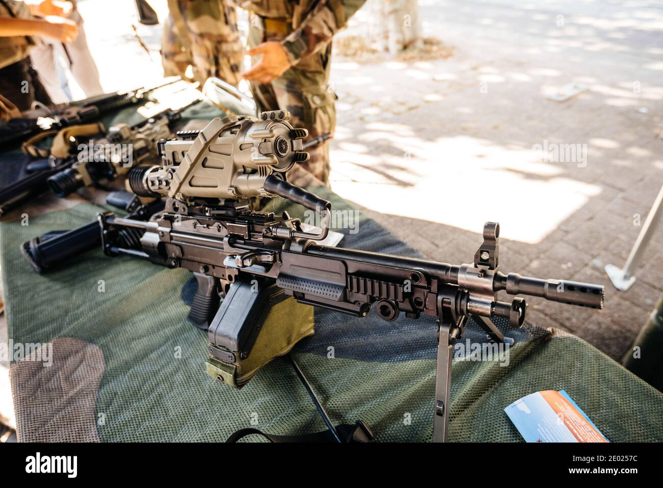 Strasbourg, France - Sep 21, 2019: Presentation of multiple Heckler and Koch HK416 assault rifle designed and manufactured by the German company with Stock Photo