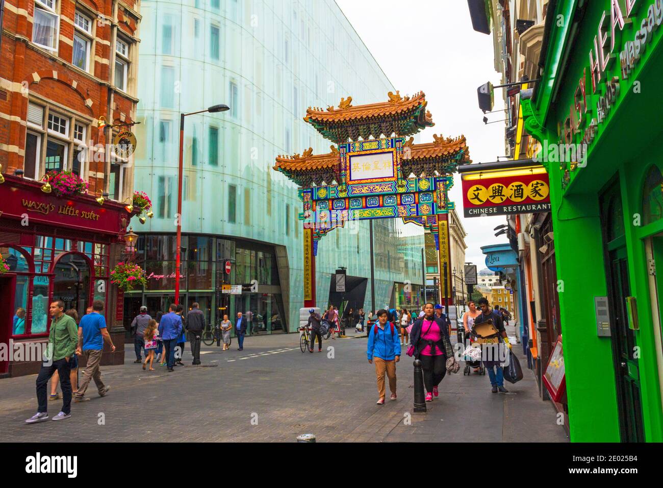 View of Chinatown-Colourful area with dozens of Chinese eateries, shops & ornate landmarks such as Chinatown Gate.London,United Kingdom,August 2016 Stock Photo