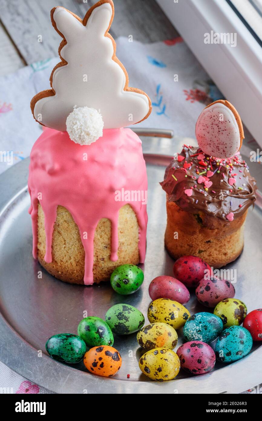 Easter cakes, eggs. Easter baked goods and eggs. Happy easter Stock Photo