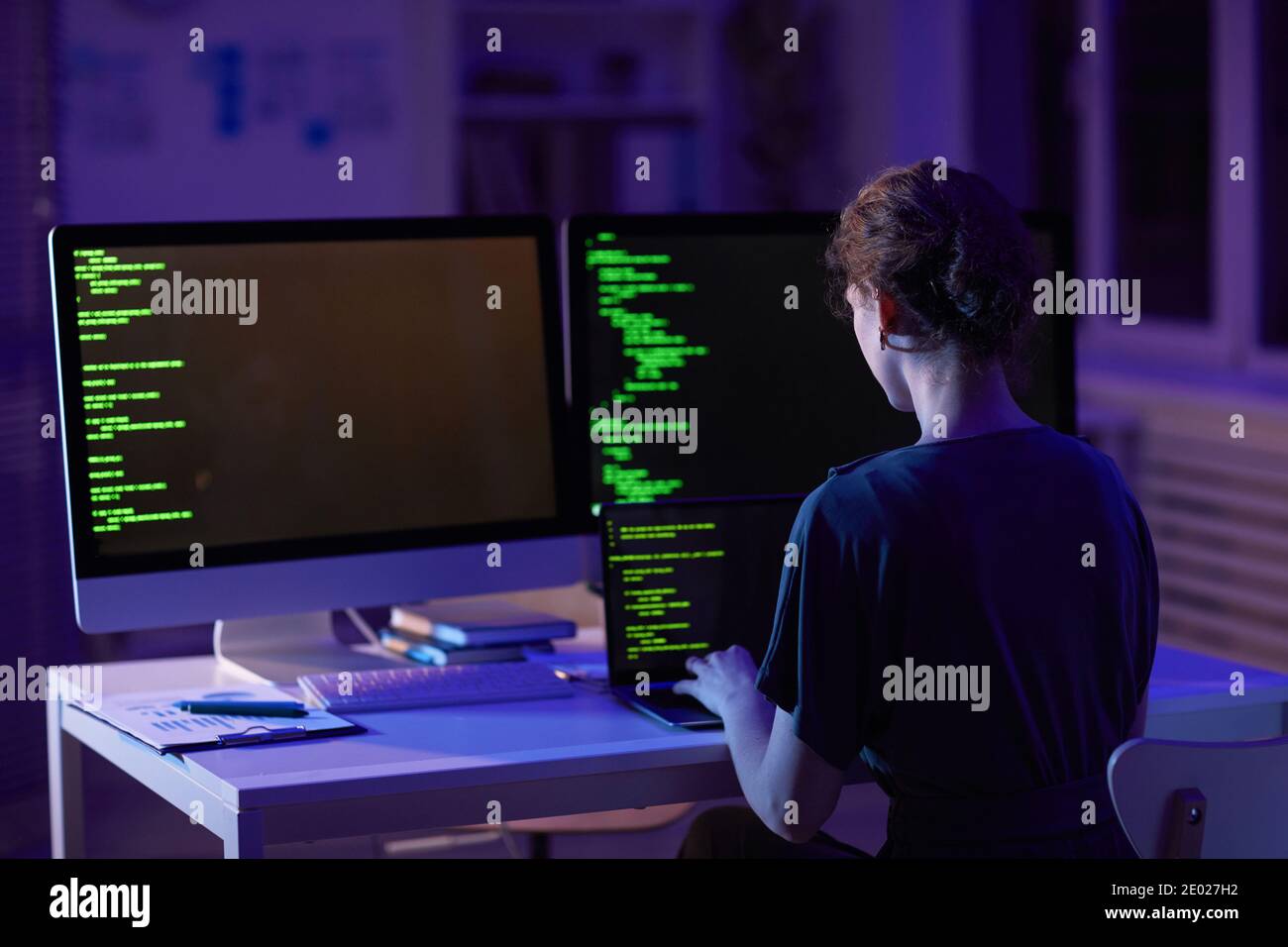 Rear view shot of professional female soft developer working on new computer application in evening, copy space Stock Photo