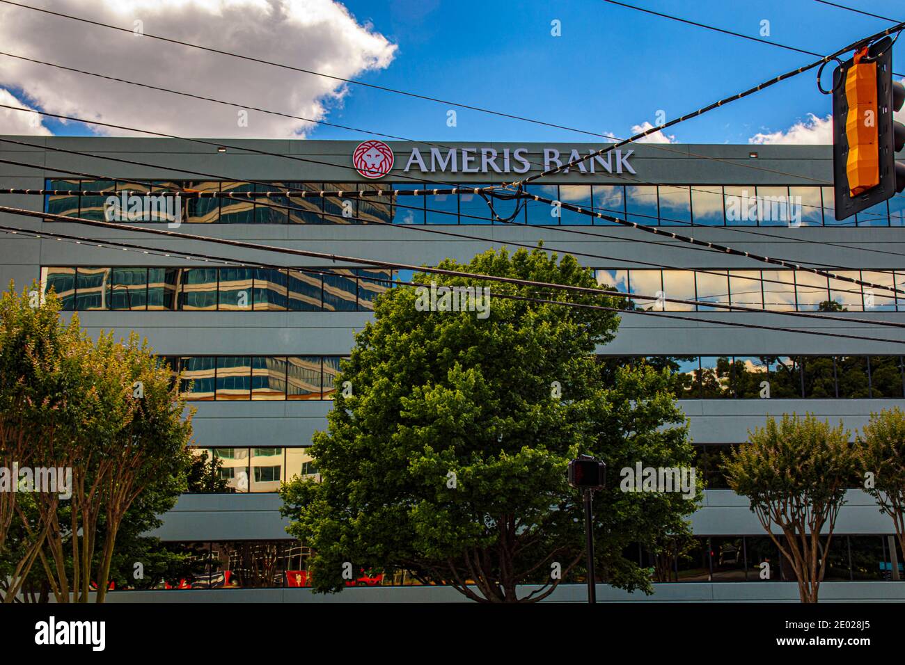 Atlanta, Ga USA 12 28 20 Ameris Bank building and logo and blue sky