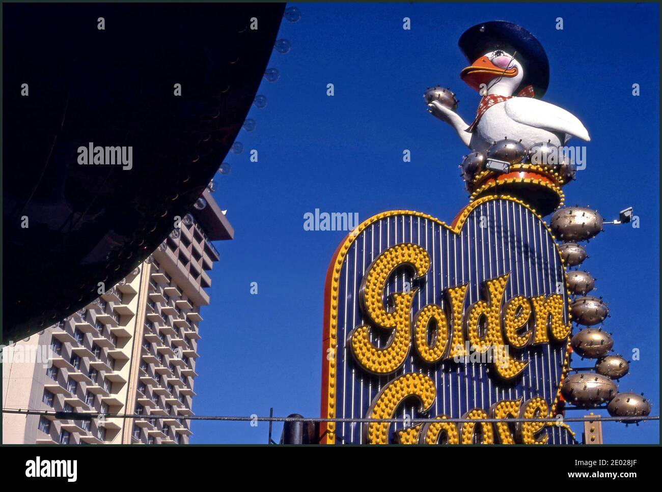 Sign for the Golden Goose Casino on Fremont Street in Downtown Las Vegas, Nevada circa 1970s, Stock Photo