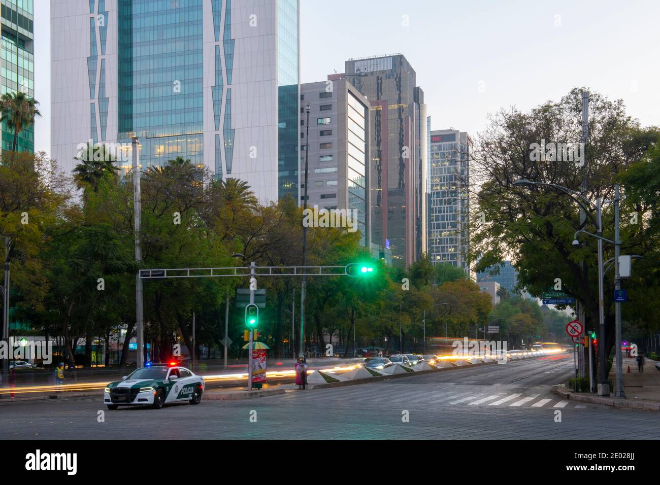 Modern skyscraper buildings in the morning on Avenida Paseo de la Reforma Avenue at Angel of Independence monument, Mexico City CDMX, Mexico. Stock Photo