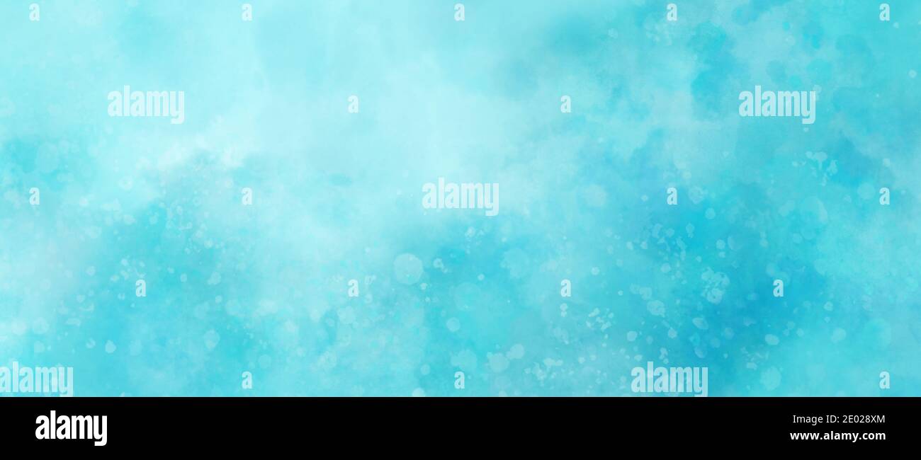 blue watercolor background texture with white abstract painted clouds in sky with bokeh lights or paint spatter in soft textured grunge design Stock Photo