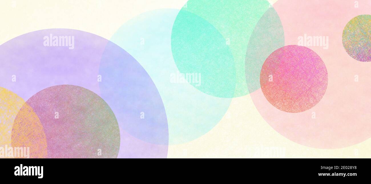 Abstract modern art background style design with circles and spots in colorful pink, blue, yellow, red, green, and purple on light beige or white back Stock Photo