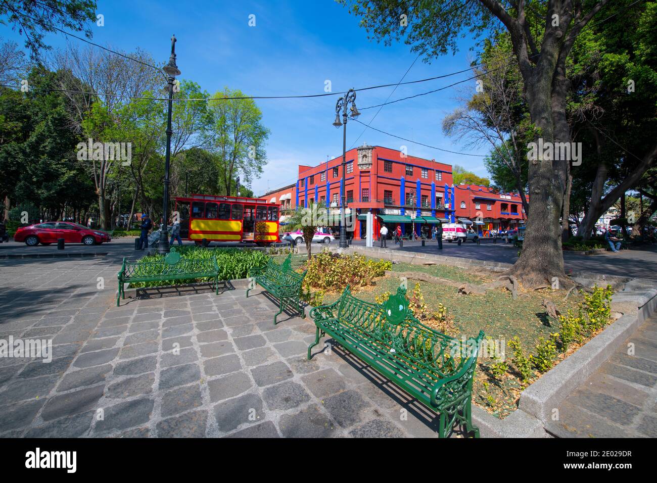 Historic buildings on Parque Centenario and Felipe Carrillo Puerto Street in historic center of Coyoacan, Mexico City CDMX, Mexico. Stock Photo