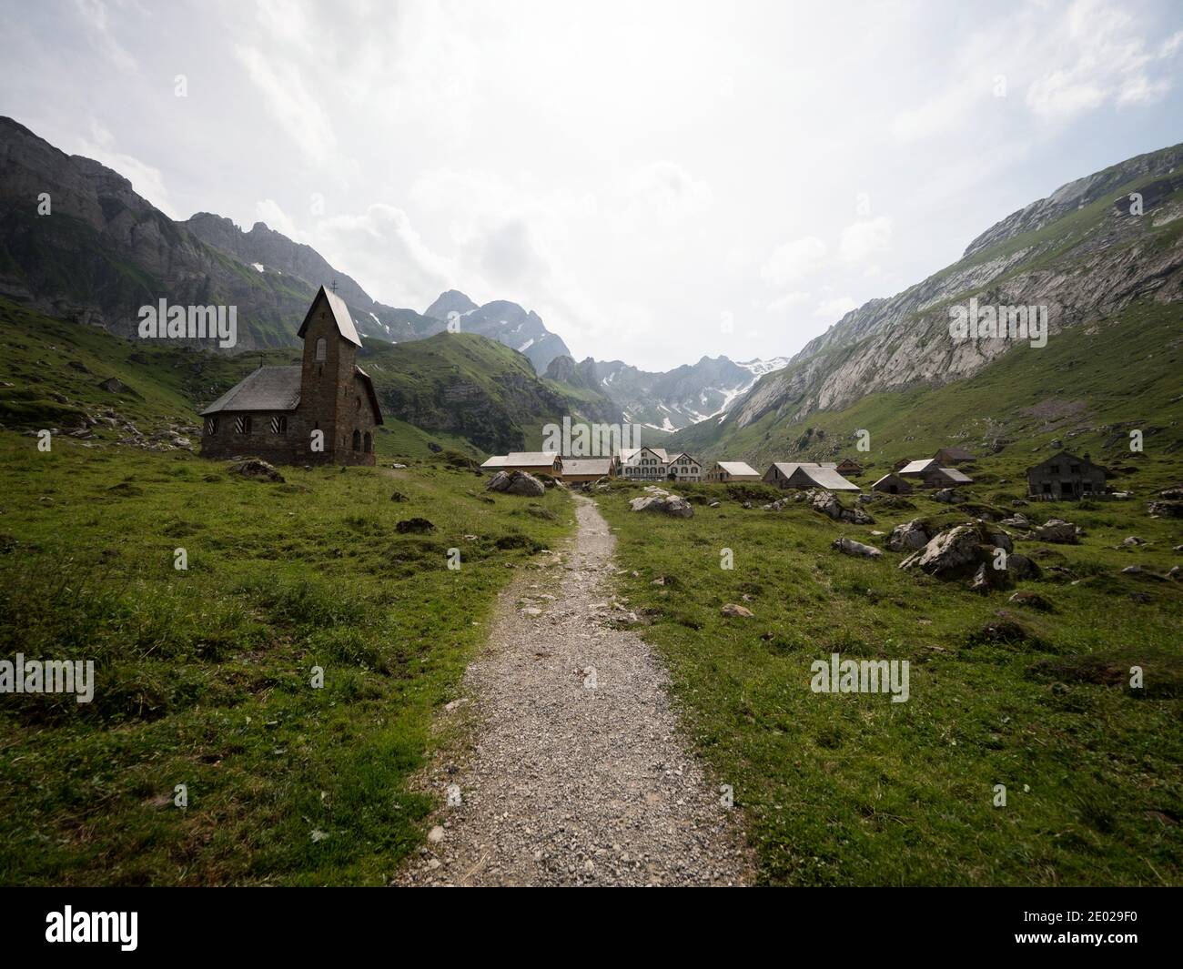 Catholic mountain chapel in swiss Alpstein remote alpine settlement Meglisalp Appenzell Innerrhoden in Switzerland Stock Photo