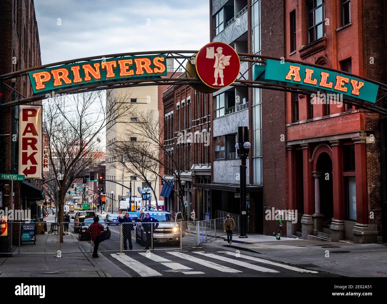 Nashville, Tennessee, USA. 28th Dec, 2020. Church Street is photographed  closed off from Printers Alley to the Cumberland River Monday, following  the Christmas morning explosion in downtown Nashville. Credit: Alan  Poizner/ZUMA Wire/Alamy