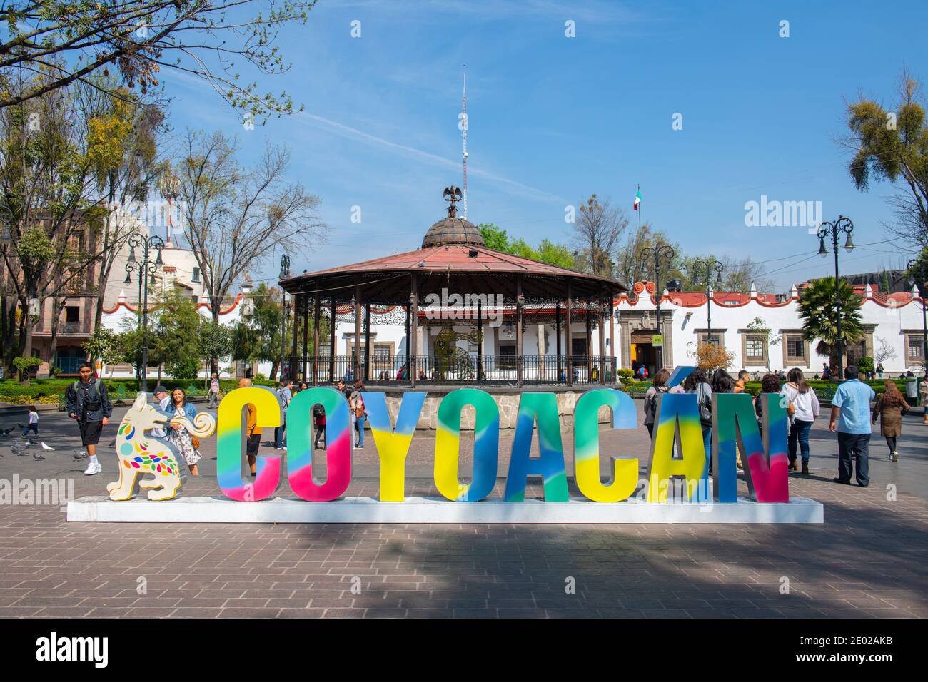 Coyoacan Sign and historic bandstand at Plaza Jardin Hidalgo in historic center of Coyoacan, Mexico City CDMX, Mexico. Stock Photo