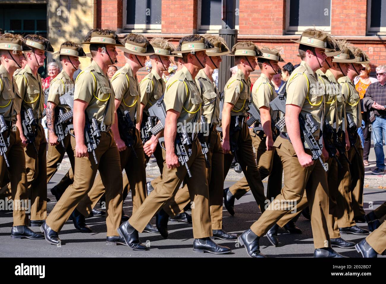 Soldiers marching during Anzac Day commemorations in Adelaide Australia Stock Photo