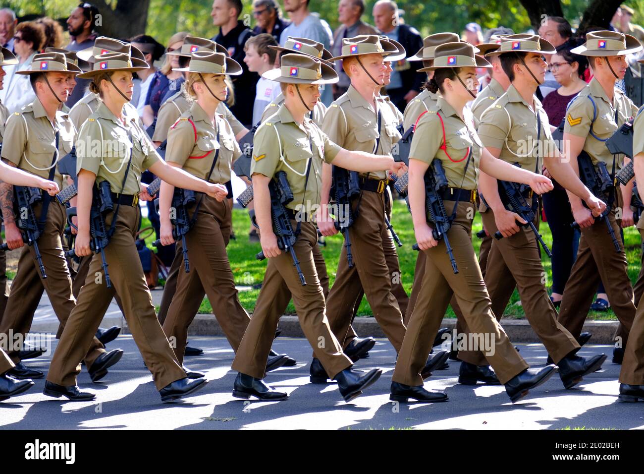 Soldiers marching during Anzac Day commemorations in Adelaide Australia Stock Photo