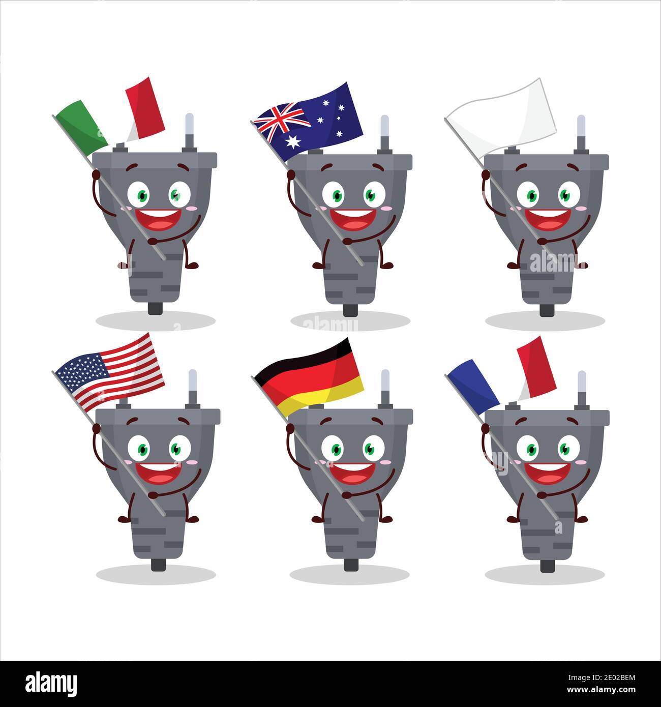 Black plug cartoon character bring the flags of various countries