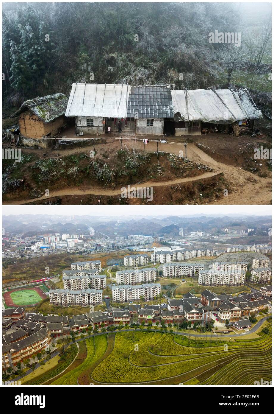 (201229) -- BIJIE, Dec. 29, 2020 (Xinhua) -- Combo aerial photo shows Li Changde's old house at Hetou Village of Sanyuan Township in Dafang County, southwest China's Guizhou Province, on Dec. 13, 2018 (top) and a newly-built community, where Li now lives, for poverty alleviation relocation at Shexiang ancient township of Dafang County on Dec. 24, 2020. Li Siyu, 8, and his 6-year-old sister Li Qingyi, formerly lived at Hetou Village as members of a poverty-stricken household. They had to spend nearly an hour walking to school everyday. Their parents worked at other cities and Li Changde, the 68 Stock Photo