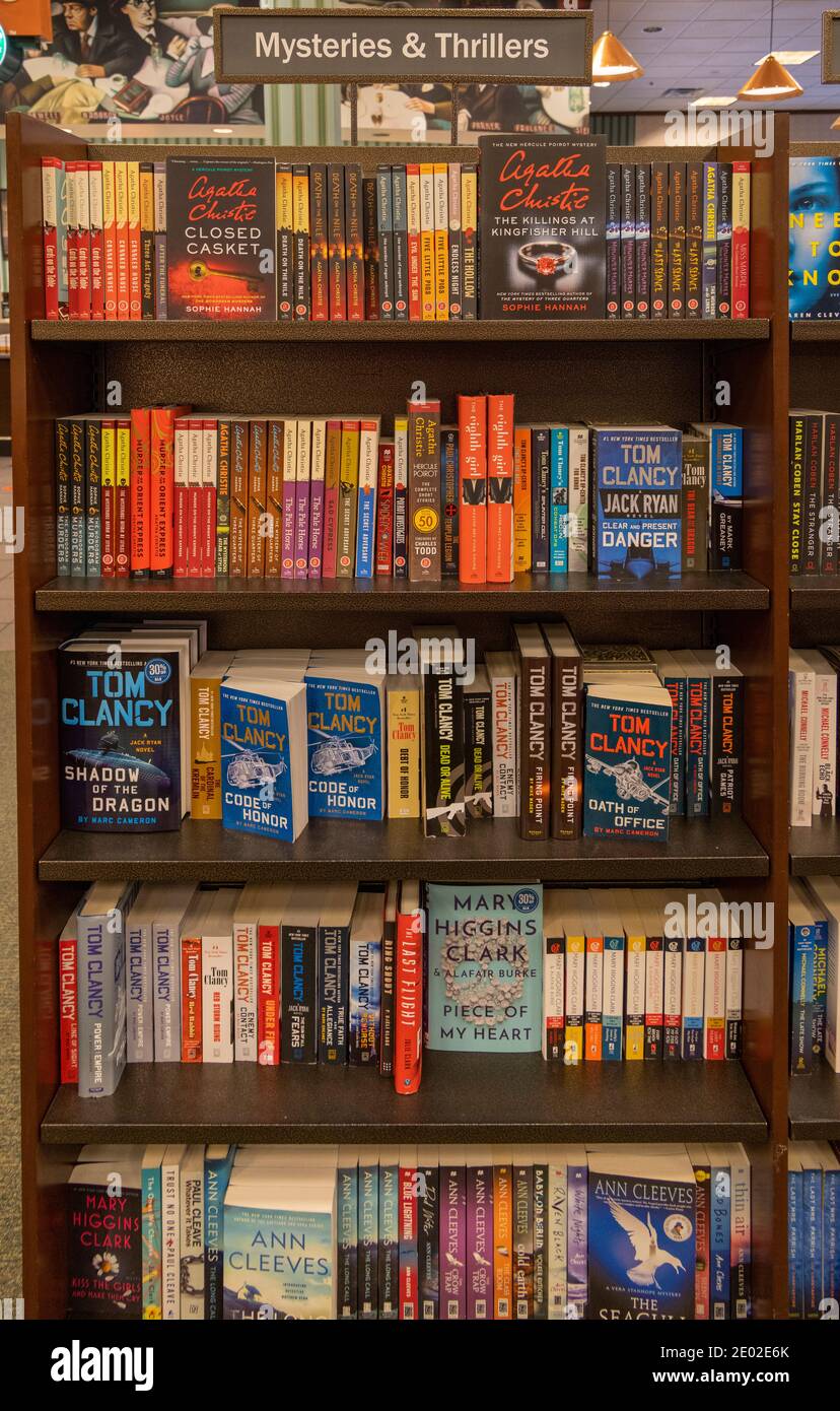mysteries and thrillers books on shelves, Barnes and Noble, USA Stock Photo