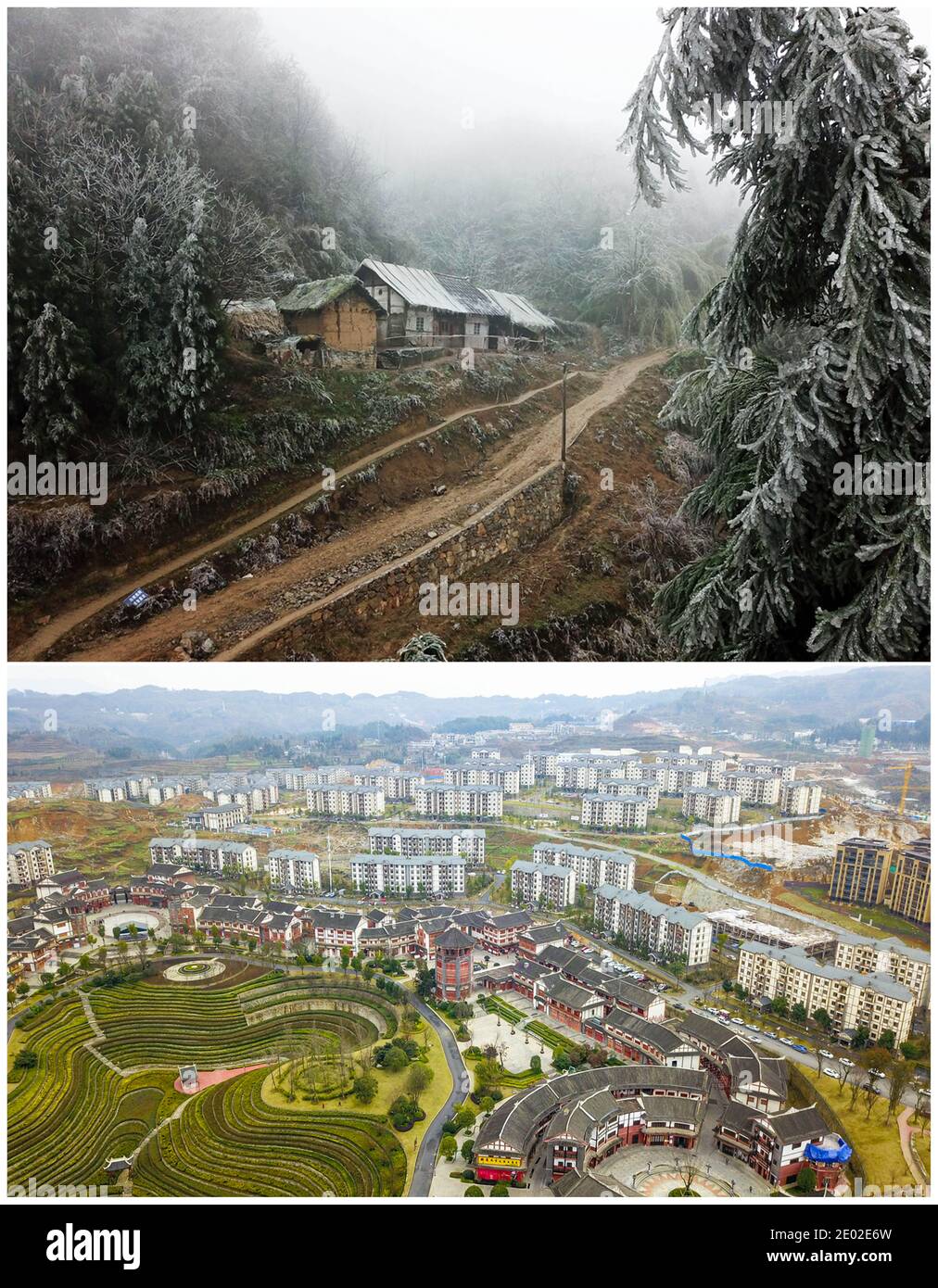 (201229) -- BIJIE, Dec. 29, 2020 (Xinhua) -- Combo aerial photo shows a walkway to Li Changde's old house at Hetou Village of Sanyuan Township in Dafang County, southwest China's Guizhou Province, on Dec. 13, 2018 (top) and a newly-built community, where Li now lives, for poverty alleviation relocation at Shexiang ancient township of Dafang County on Dec. 24, 2020. Li Siyu, 8, and his 6-year-old sister Li Qingyi, formerly lived at Hetou Village as members of a poverty-stricken household. They had to spend nearly an hour walking to school everyday. Their parents worked at other cities and Li Ch Stock Photo