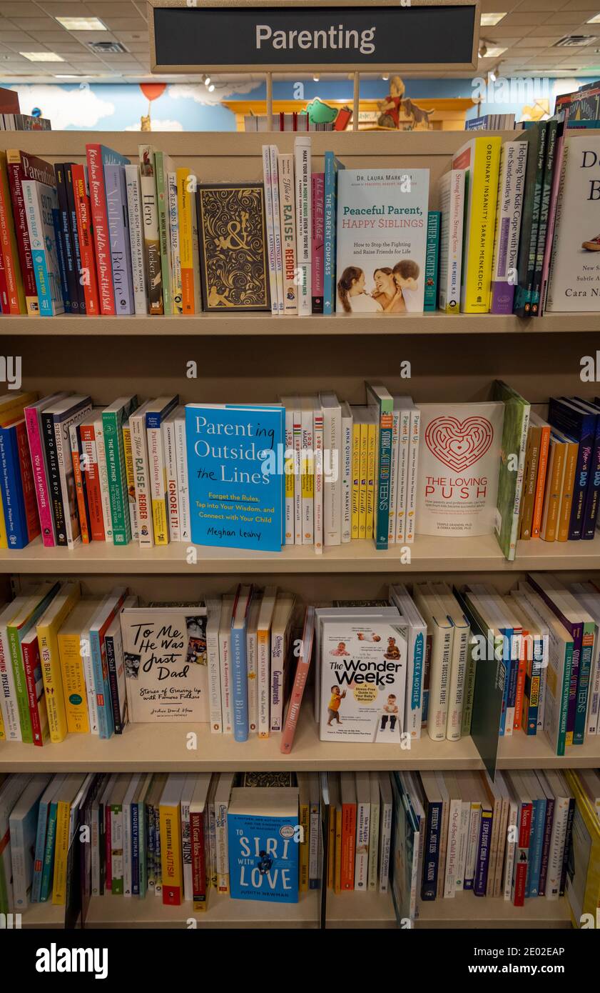parenting books on shelves, Barnes and Noble, USA Stock Photo