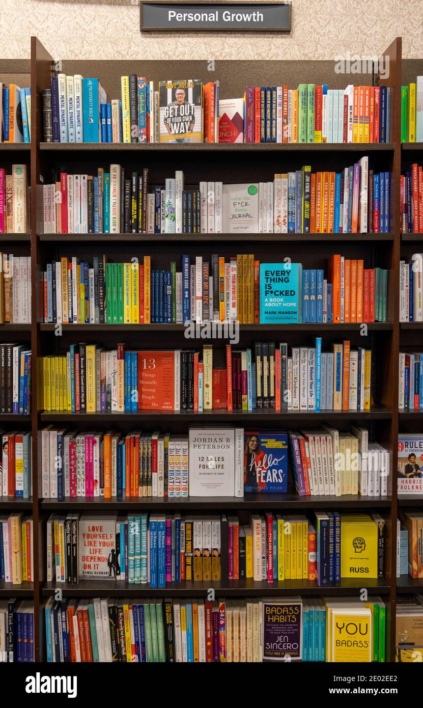 personal growth books on shelves, Barnes and Noble, USA Stock Photo